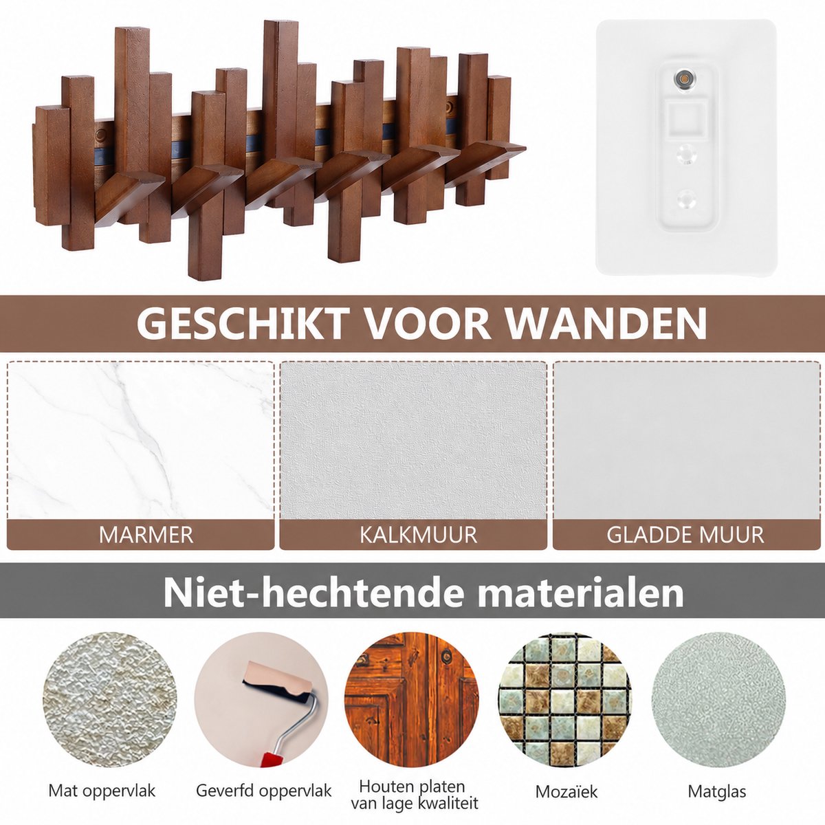 Lemlit Wandkapstok 6 Haken 40,5 x 19,5 cm - Houten Kapstok met Inklapbare Verborgen Haken - Voor Hal Slaapkamer Woonkamer en Deur - Walnoot