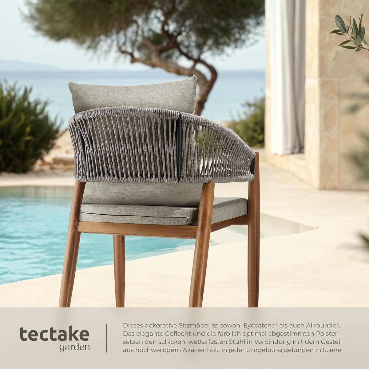 Tuinstoelen Set van 2 – Acaciahout Balkonstoelen met Rope Design & Kussens – 58 x 59 x 76,5 cm – Weerbestendige Outdoor Tuinstoelen voor Balkon, Terras & Tuin – Mobili Bella