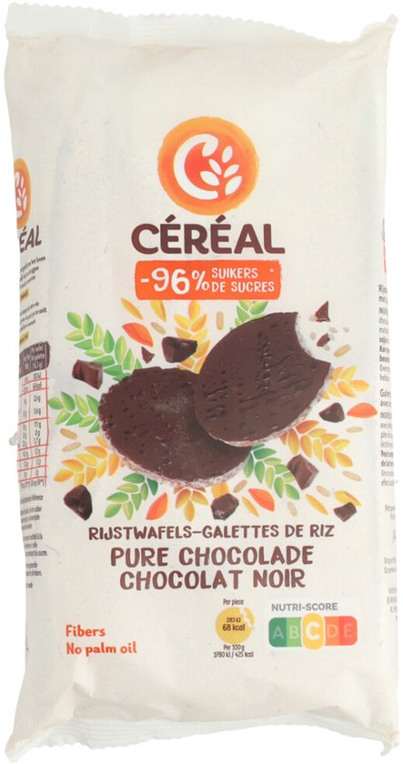 Rijstwafels Galettes de Riz Pure Chocolade Chocolat Noir, 96% minder suikers, Nutri-score A.