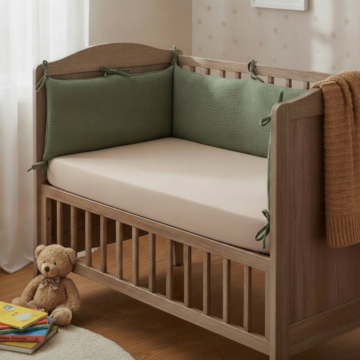 Honeybears Baby Bedbumper – Box omrander – Hoofdbeschermer - Bedomrander ledikant – Bed omrander - Jongens/Meisjes – 180 x 30 cm - Groen
