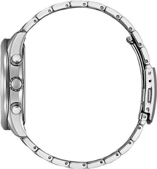 Zilverkleurig Citizen horloge met metalen band, vanaf de zijkant gefotografeerd.