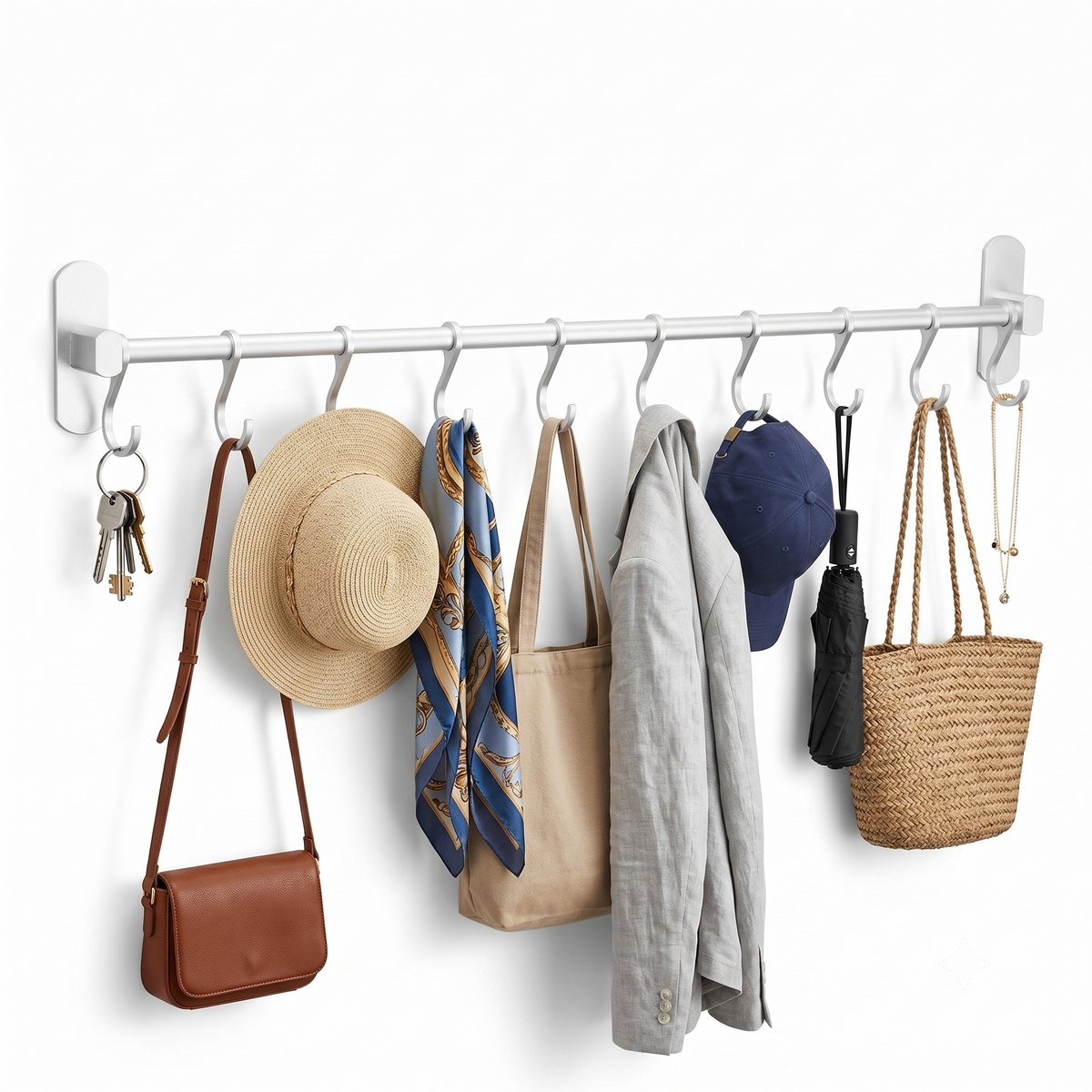 Keukenrek Ophangrek Keukenhaken voor Keuken & Badkamer Organisatie – Keukenaccessoires – Met 10 Verplaatsbare Haken & Boren Zonder Installatie – Robuust, Ruimtebesparend & Muurvriendelijk - Ruimtevaart Aluminium - Zilverwit - 60x4,8 cm