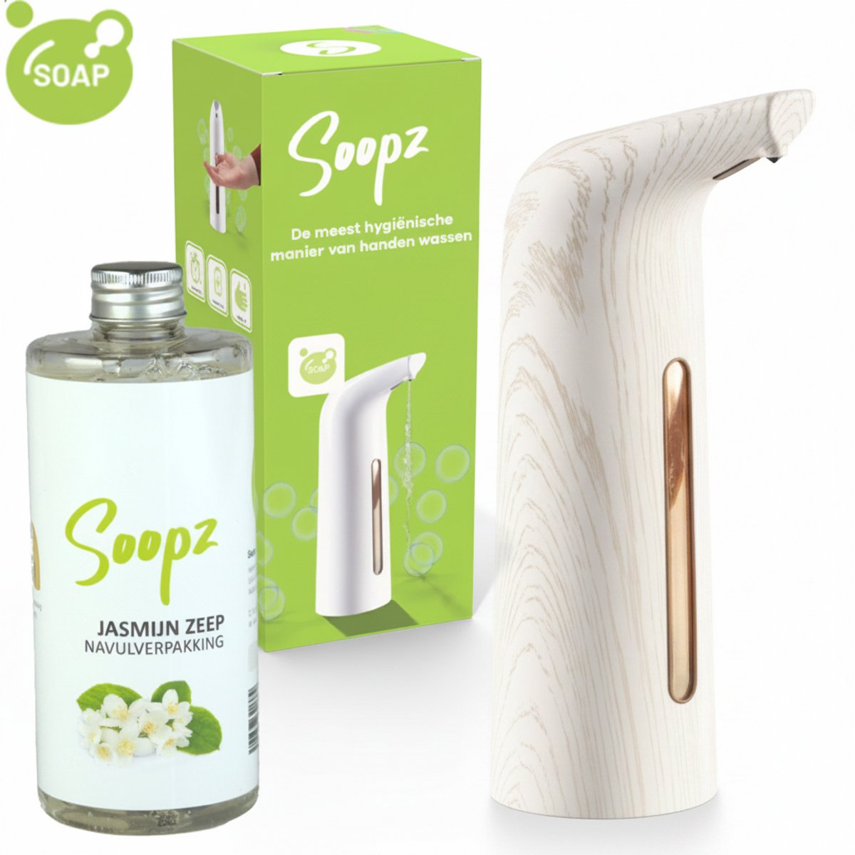 Soopz Automatische Zeepdispenser – Wit – White Wood Elegance – Zeeppompje met Bewegingssensor – Met Jasmijn Zeep