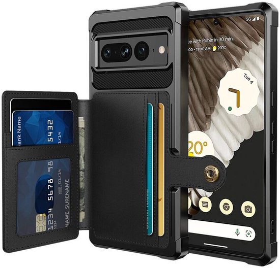Zwarte portemonnee hoes voor Google Pixel 7 Pro met kaarten en pasjes, gesloten met drukker.