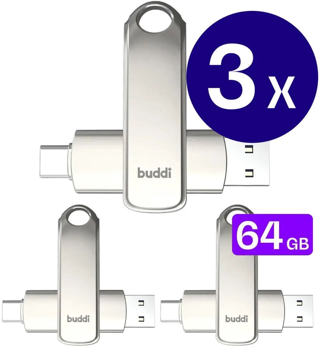 3-Pack Buddi USB-C Stick 64GB | USB C en USB A | Dual Geheugenstick | USB 3.1 | Plug & Play | Universeel | Geschikt voor smartphones, tablets, PC en meer | Extra opslagruimte | Grijs
