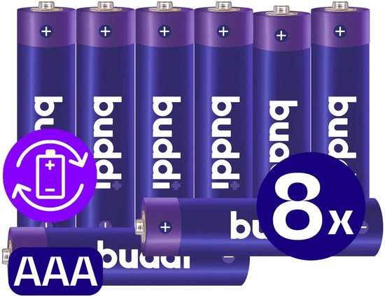 8x AAA Buddi batterijen, paars met witte tekst en symbolen.