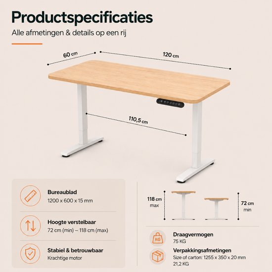 Afmetingen van een wit, in hoogte verstelbaar bureau met houten blad.