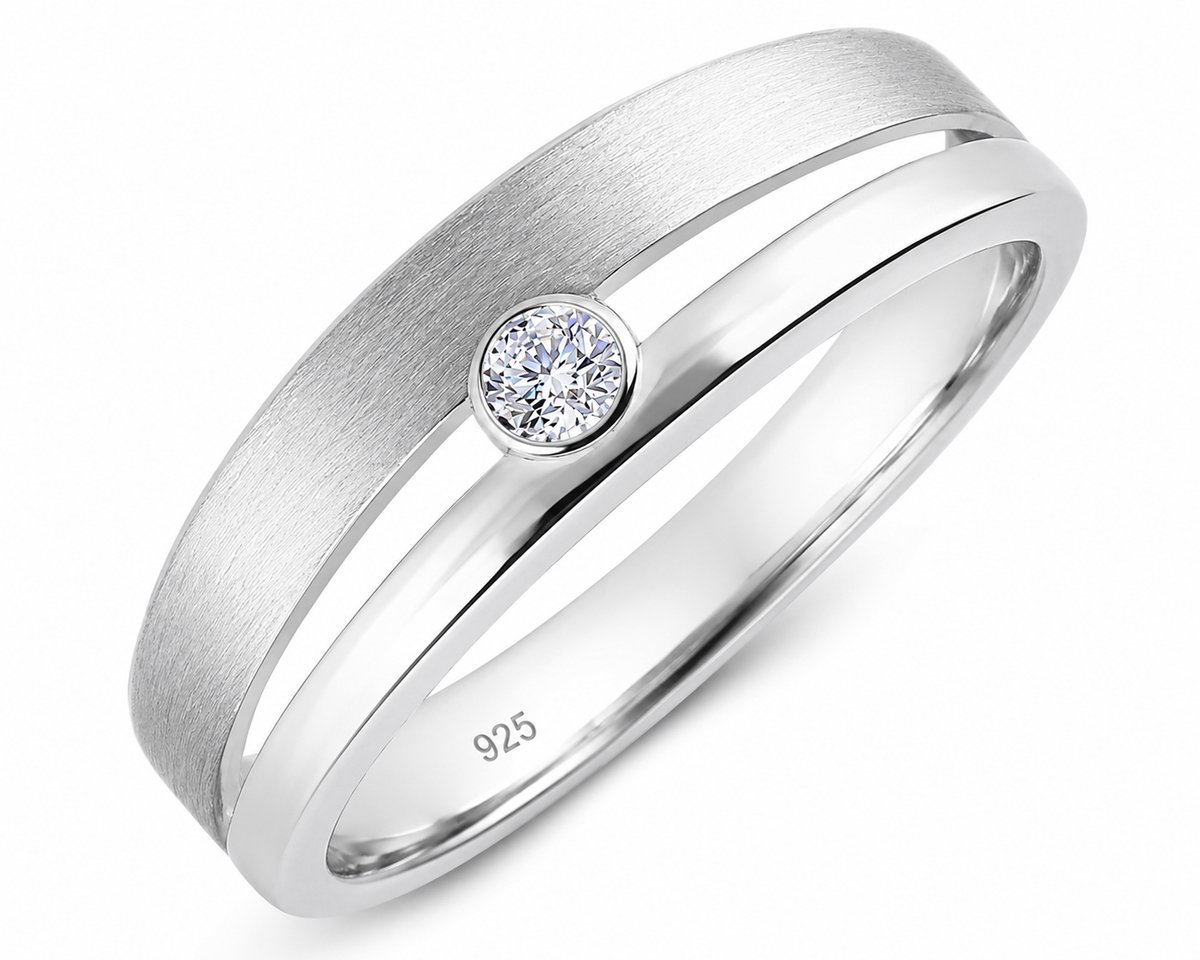 Mbrace Zilveren Ring met Zirkonia Steentje - 925 Sterling Zilver - Dames & Heren - Minimalistische ring - Mat & Hoogglans Gelaagd Design - Maat 18.25 / 57