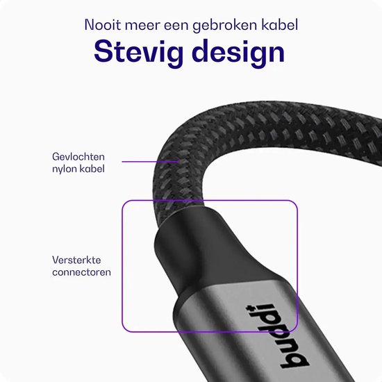 Gevlochten nylon kabel met versterkte connectoren voor een stevig design.