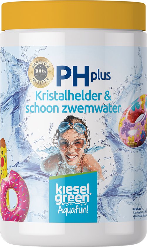 Pot KIESELgreen PHplus Kristalhelder & schoon zwemwater. Meisje met zwembril lacht in water, omringd door opblaasbare zwembanden en water splash.