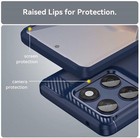 Detail van een blauw geborsteld TPU hoesje met verhoogde randen voor scherm- en camera-bescherming.