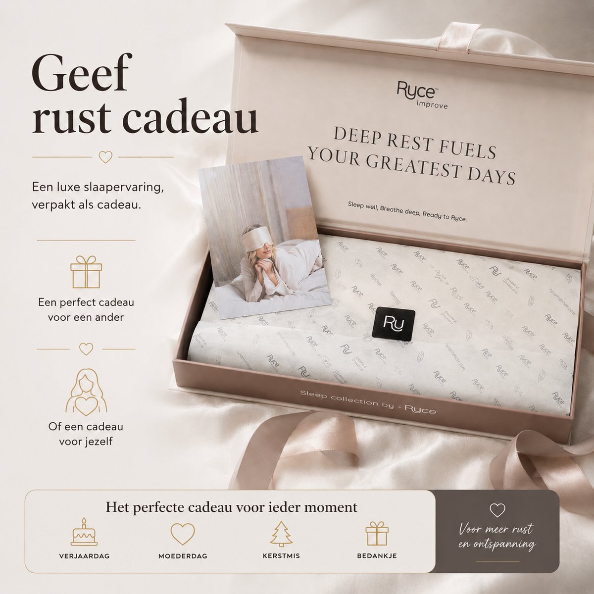 Ryce® Zijden Slaapmasker - Oogmasker - Vrouwen & Mannen - Full Cover - Cadeau - Beige — afbeelding 2