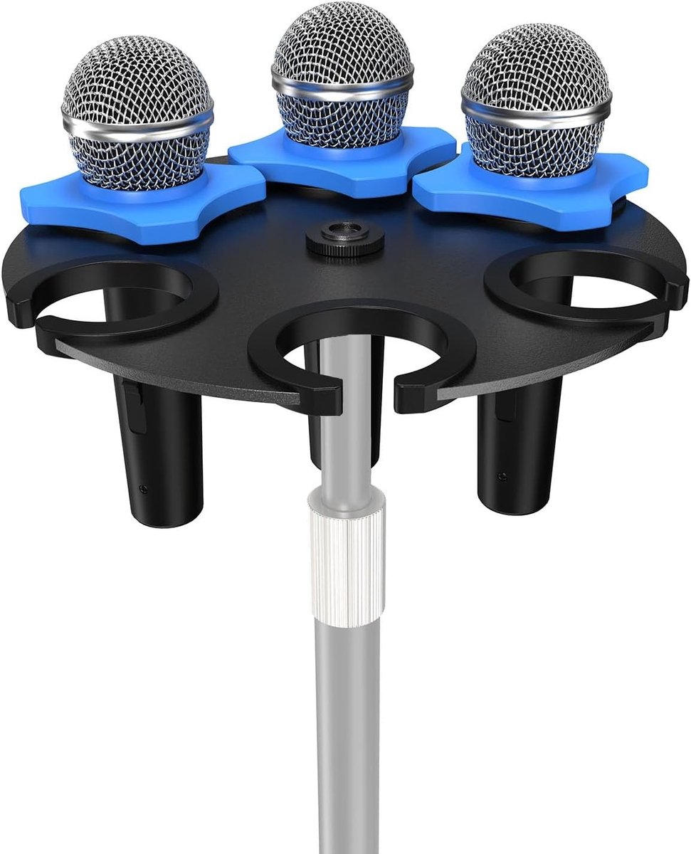 Multi-microfoonhouder met 6 slots voor microfoonstandaard, stevige basis en anti-roll ringen, geschikt voor diverse schroefdiktes en podiumgebruik
