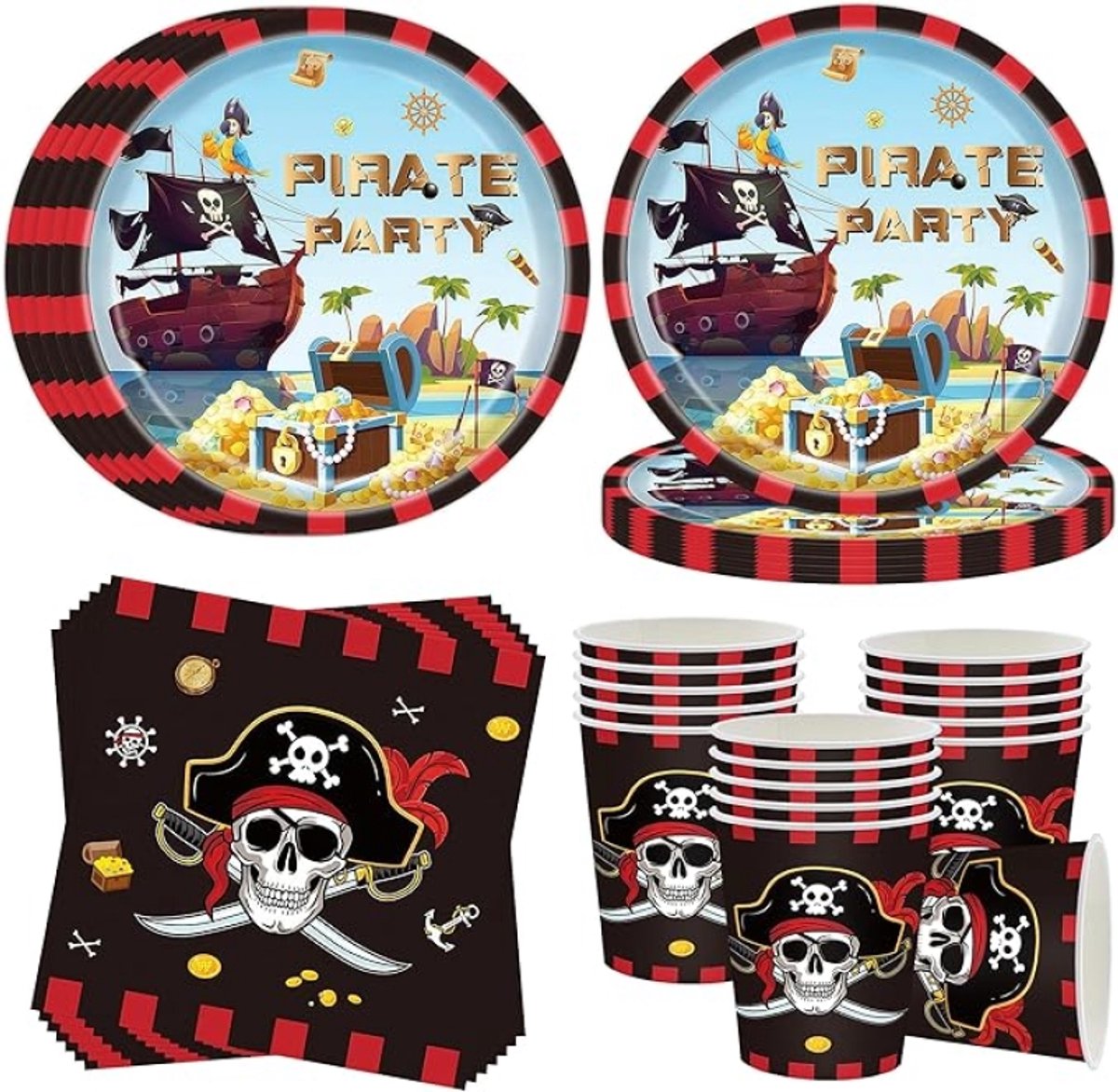 Piraat partyservies voor 16 gasten, 52 stuks piratenschip, verjaardag, papieren borden, set, piratenfeestservies, decoratie, piratenpapieren borden, servetten, bekers, piratenfeestservies voor jongens