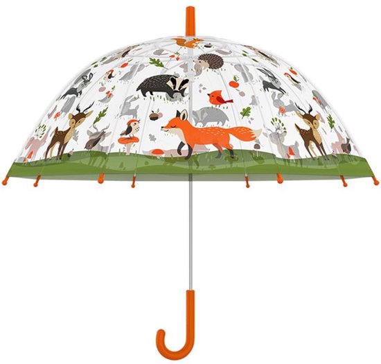 Transparante kinderparaplu met bosdierenprint: vos, hert, egel, das en vogels. Groene rand, oranje steel en druppels.