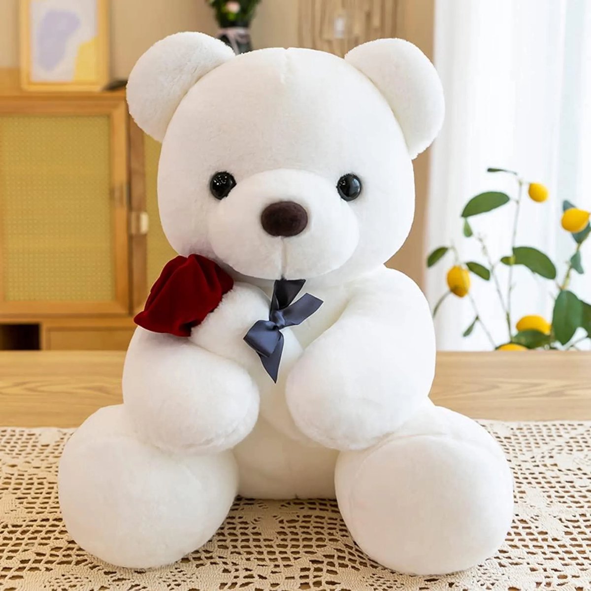 Casalora Pluche Knuffels - Teddybeer Knuffel met Roos - 23cm - Knuffel Beer Valentijn Cadeau of Baby Teddy Beer - Cadeautje Verjaardag - Wit
