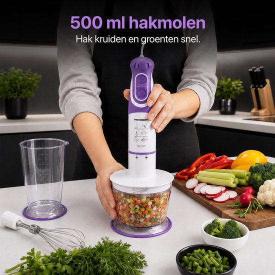 Heinner Staafmixer Set - 600W - 5 Snelheden - Turbo Functie - 700 ml Maatbeker - Hakmolen - Garde - RVS Staaf - Wit/Violet van Heinner — afbeelding 4