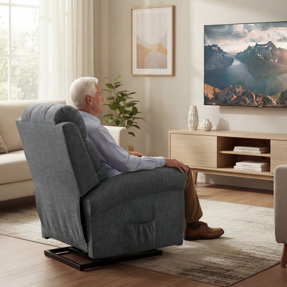 HOMCOM Sta-op Fauteuil met Massage en Verwarming - Relaxstoel - Tv-fauteuil - Ligstoel - Grijs – foto 3