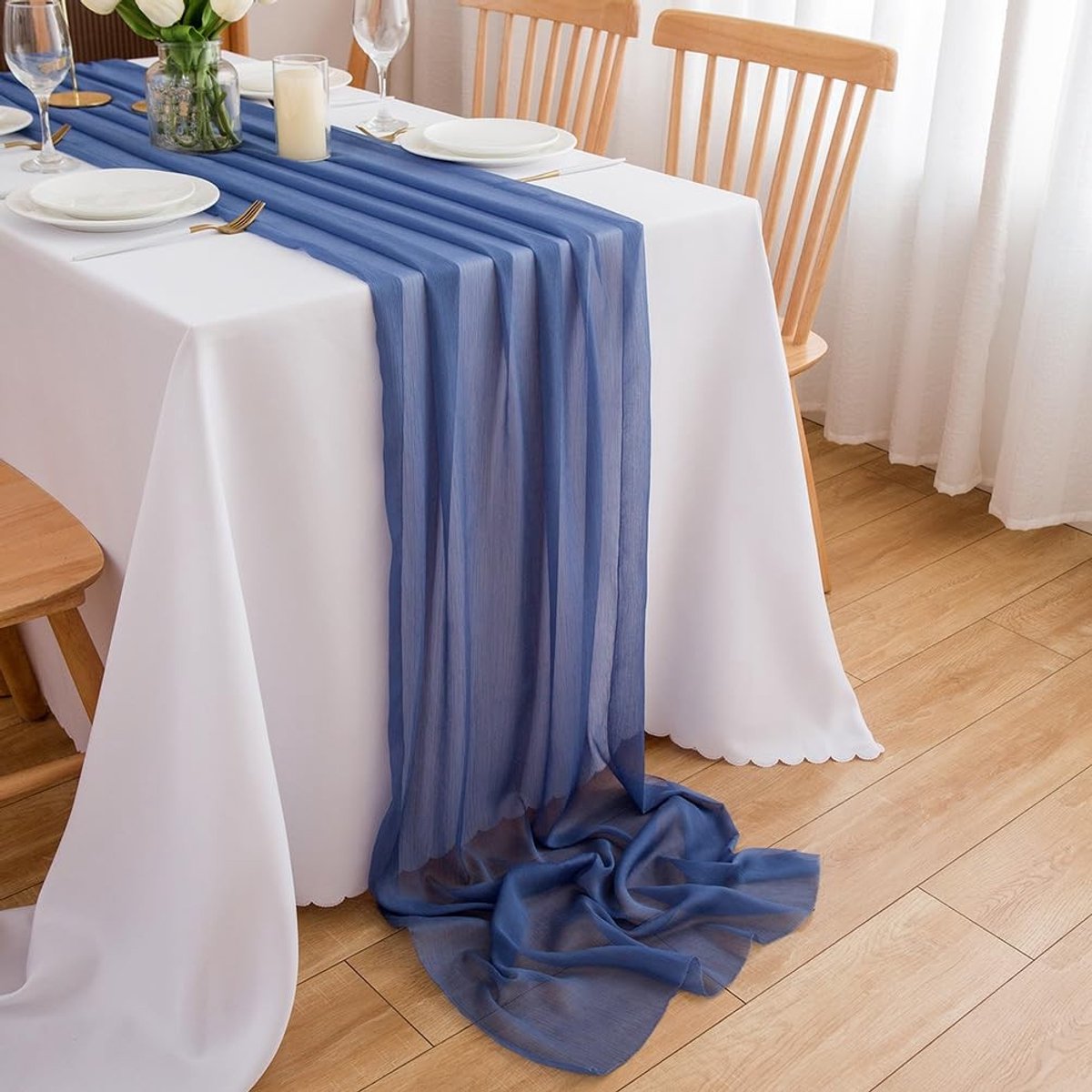 Solidchoice - Chiffon Tafel Runner Blauw voor Bruiloften en Decoratie