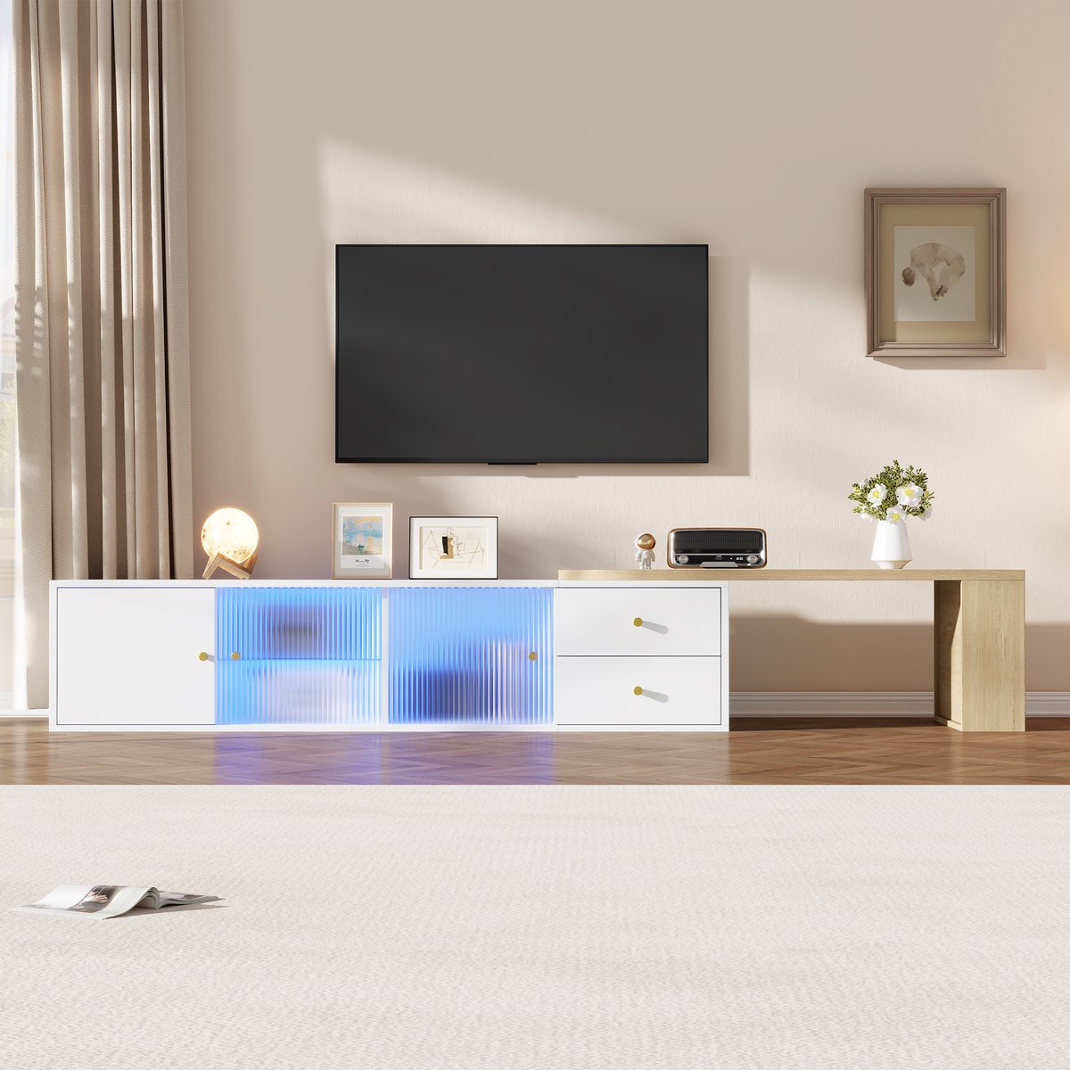 Sweiko TV-kast - Uitbreidbaar - LED-verlichting - 2 lades - 2 glazen schuifdeuren - 175 × 40 × 35.5 cm - Wit + Naturel houtkleur