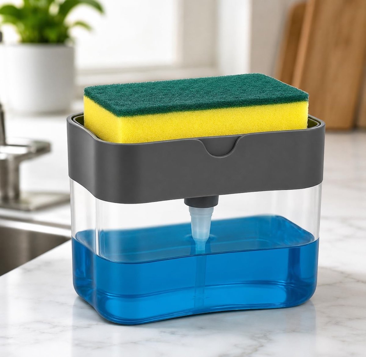 KZQ Compacte Gootsteenorganizer Met Afwasmiddeldispenser En Geïntegreerde Sponshouder – Ingebouwd Pompsysteem En Reservoir Voor Vloeibaar Afwasmiddel, Modern En Praktisch Voor Een Opgeruimde Keuken