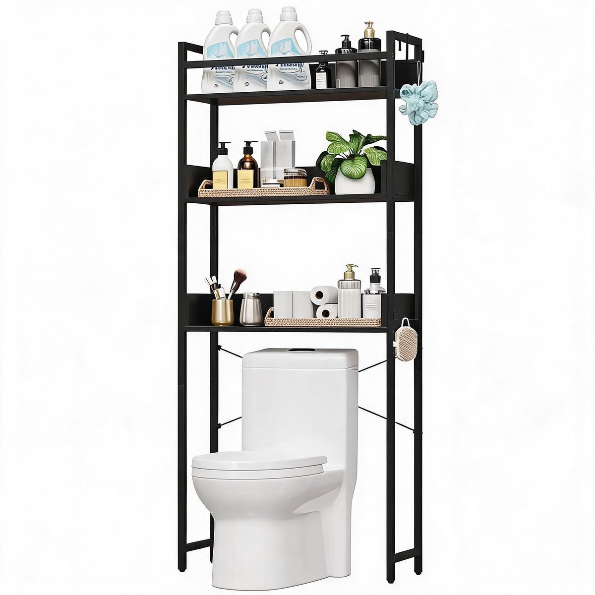 Triumpunpre vrijstaand badkamerrek boven toilet - 3 lagen hout zwart metaal - inclusief losse opbergmand