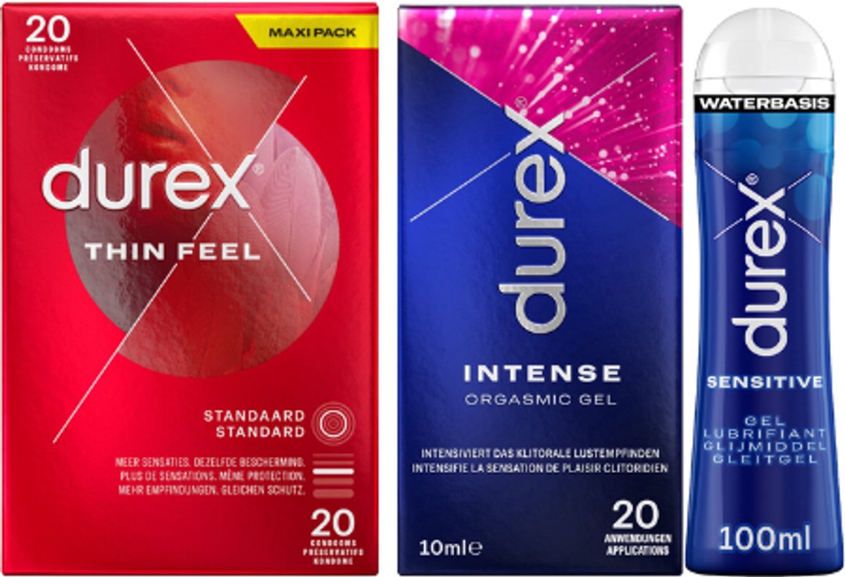 Durex Voordeelset – Thin Feel 20 Condooms + Intense Orgasmic Gel 10 ml + Sensitive Glijmiddel 100 ml – 3-delige Intieme Set