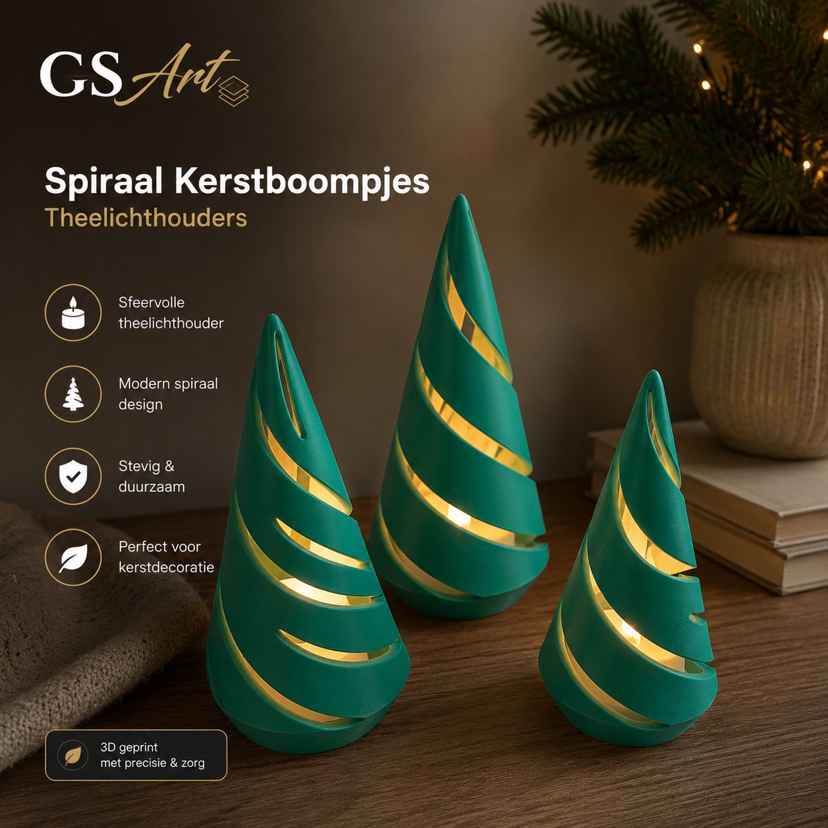 GSArt Spiraal Kerstboompjes Theelichthouders – Set van 3 met LED Theelichtjes - Maretak groen