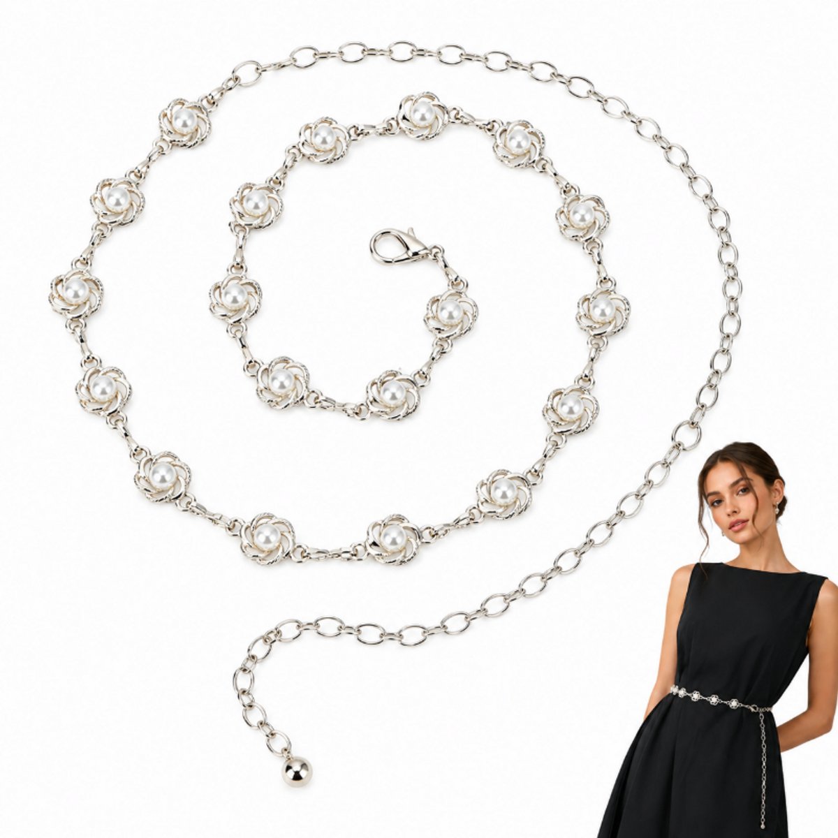 Fashion Riem Dames - Metalen Ketting Riem met Parelbloem - Zilveren Tailleketting voor Jurken en Jeans - Verstelbare Heupketting