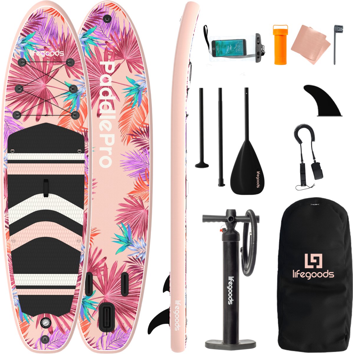 LifeGoods PaddlePro SUP Board - Opblaasbaar Paddle Board - Complete Set - Max. 150KG - 320x81cm - Tropical Roze