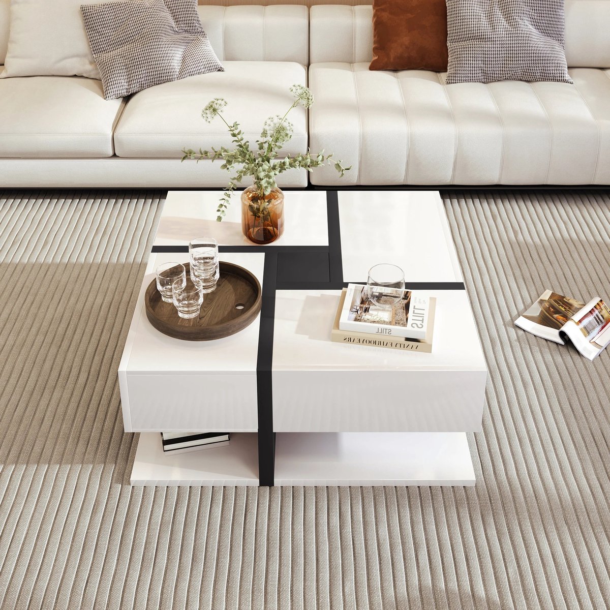 Prime Home Vierkante Salontafel - Salontafel met lade - Salontafel vierkant - Hoogglans - Open Opbergruimte – Hoogglans – 78x78 cm – Modern Design – MDF - Wit met Zwart