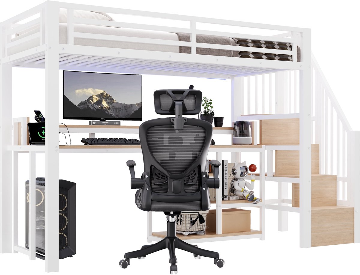 Merax Metalen Hoogslaper 90 x 200 cm - Met Bureau - Opbergtrap - Opbergvakken - LED Verlichting - USB En USB-C - Wit