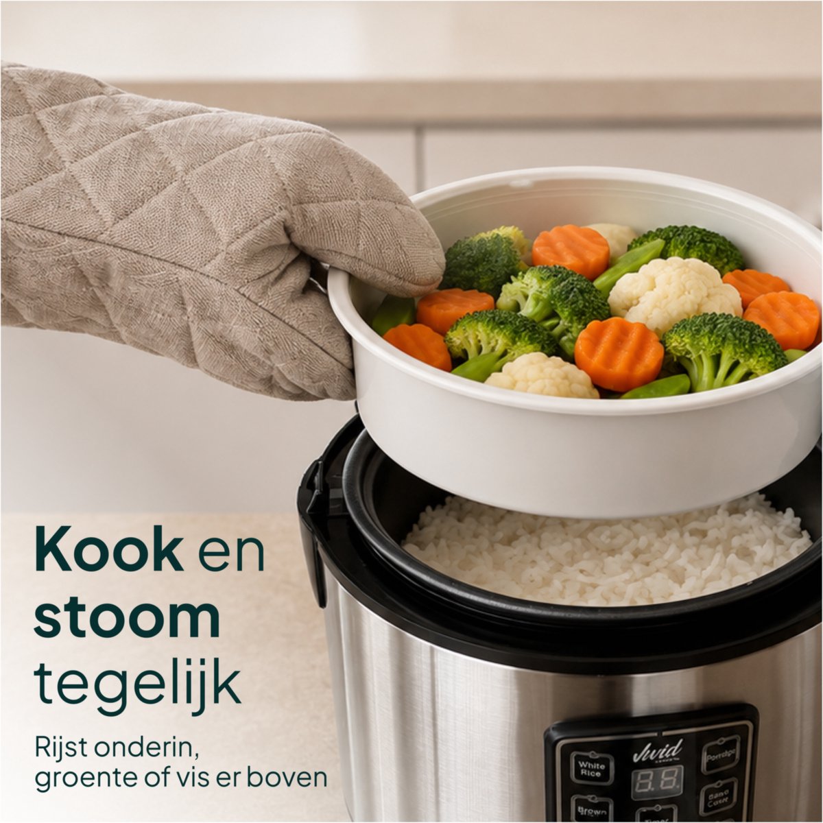 Rijstkoker met Stomer - 1.5L - Slowcooker met Timer - 8 Porties - Multicooker - Rice Cooker - RVS - Vivid Green – foto 6