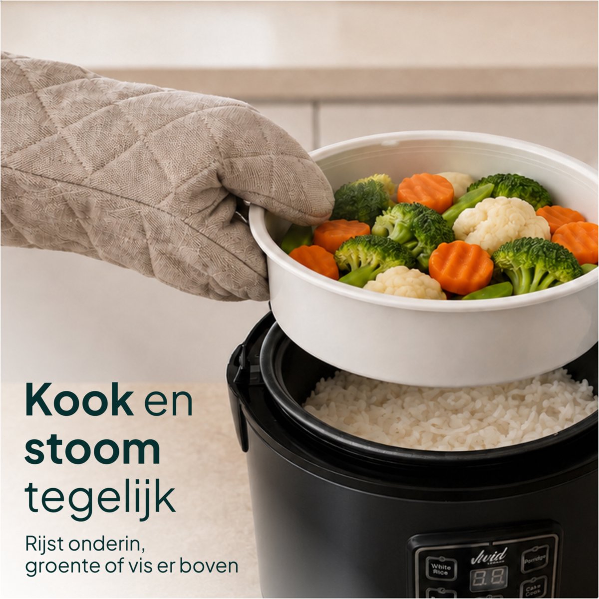 Rijstkoker met Stomer - 1.5L - Slowcooker met Timer - 8 Porties - Multicooker - Rice Cooker - Zwart - Vivid Green – foto 6