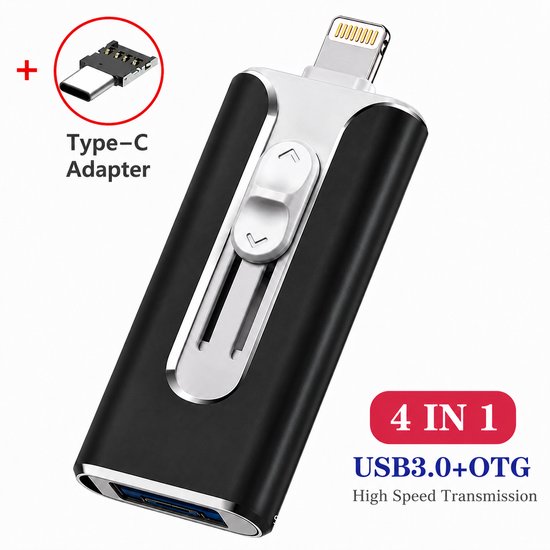 4-in-1 1 TB Snelle USB Flash Drive - Type-C USB Geheugenstick voor Telefoon, Tablet en Computer - Draagbare Opslag voor Foto's, Video's en Bestanden - Snelle Gegevensoverdracht - Zwart