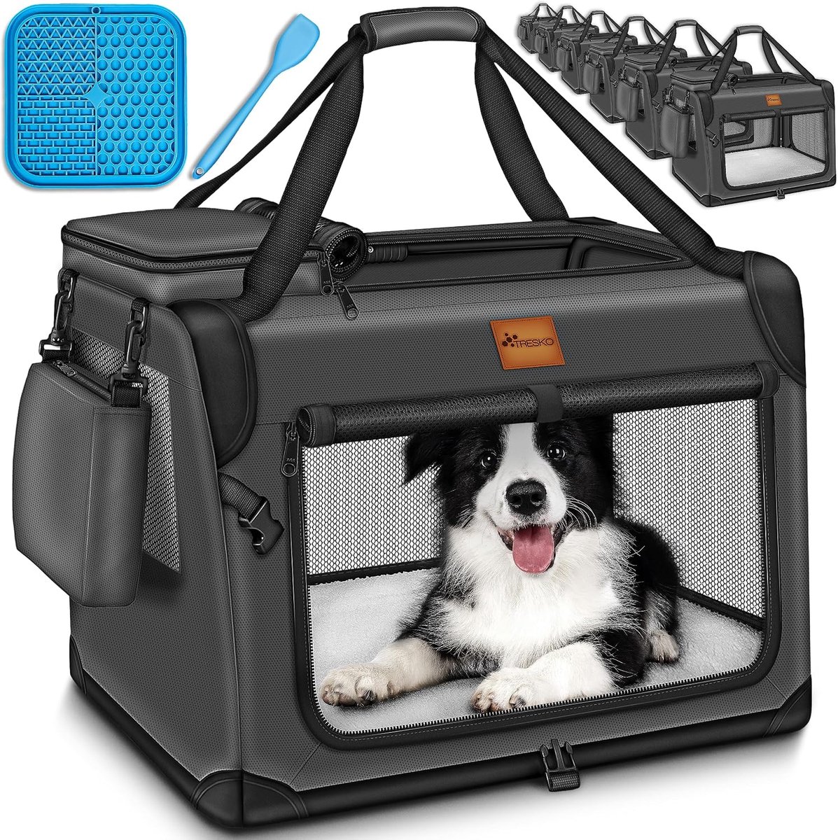 Dogcage Opvouwbare Hondendoos met Likmat en Spatel, L, 70 x 52 x 52 cm, Transportdoos voor Honden en Katten, Hondentransportdoos voor Kleine en Grote Honden, Robuuste Hondentas, Antraciet [Energieklasse A]