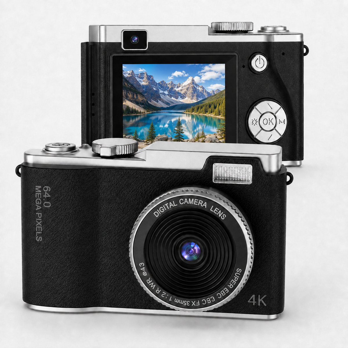 Retro camera - Digitale camera - Met scherm - 64MP zwart VHS look inclusief accessoires video & foto - 16x Zoom - 4K Video - Foto camera - Vintage camera - Digitale camera