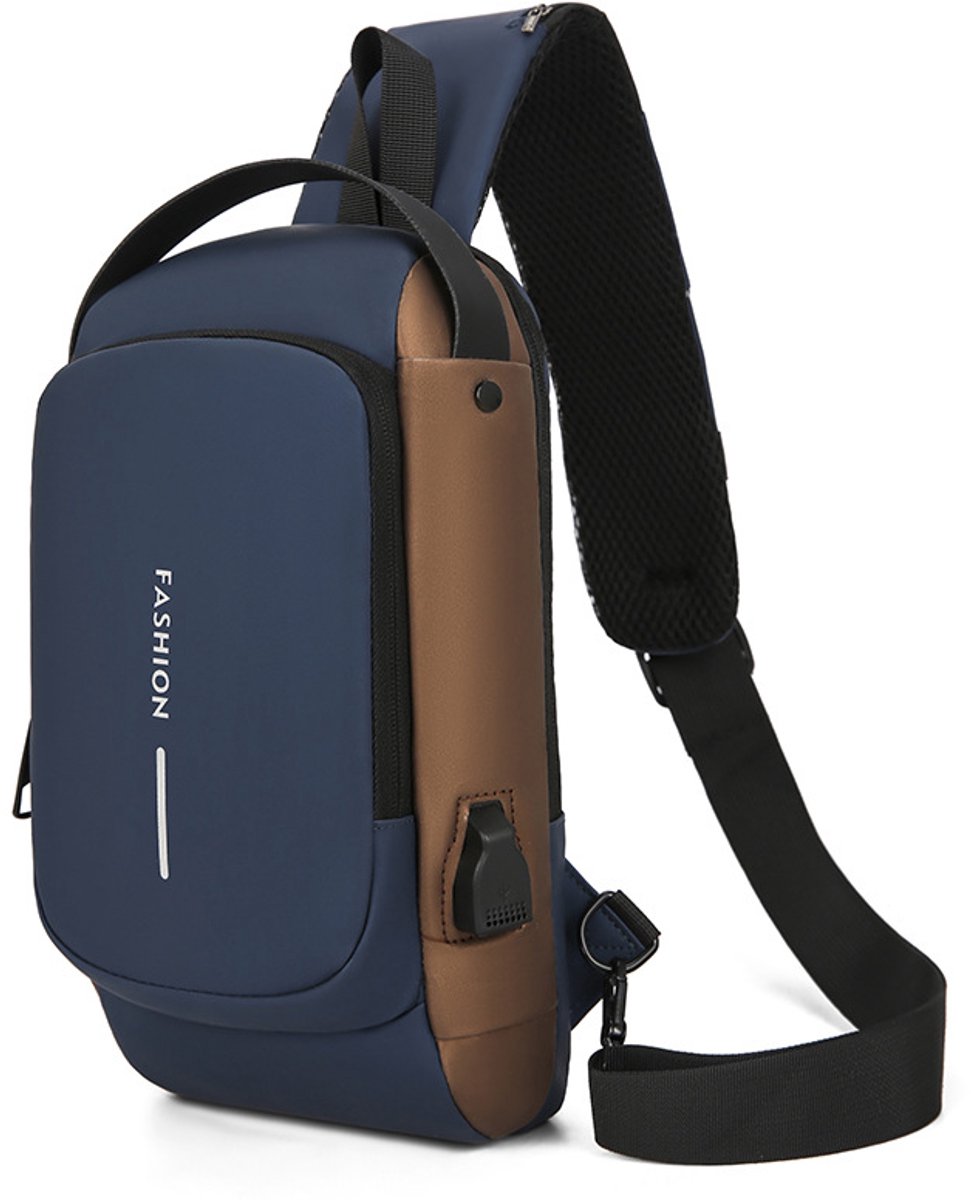 Heren borsttas met cijferslot - diefstalveilig - waterbestendig voor buiten - crossbody motor tas - met usb‑oplaadpoort-blauw