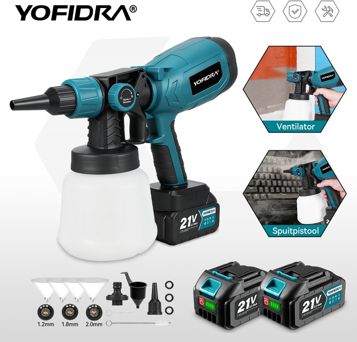 YOFIDRA Elektrisch verfspuitpistool – 1000 ml verfreservoir – HVLP-accusysteem – 3 spuitmondjes – met 2 accu's – voor muren en meubels