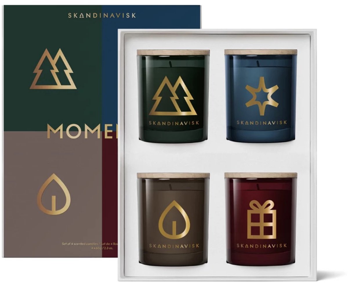 Skandinavisk Moments geurkaars 4x 65gr giftset: Skog + Jul + Stjärna + Hygge Gold special editioin - Moments