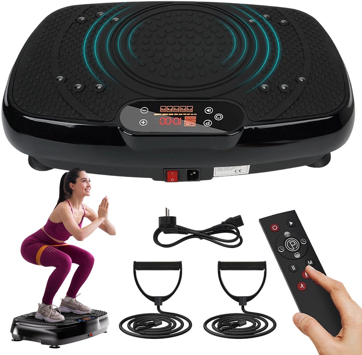 Trilplaat Fitness - Vibratie Trainer - 120 Snelheidsniveaus - 5 Trainingsprogramma’s - LED-Touchscreen met Afstandsbediening - Inclusief 2 Weerstandsbanden - Voor Thuisfitness en Full Body Training