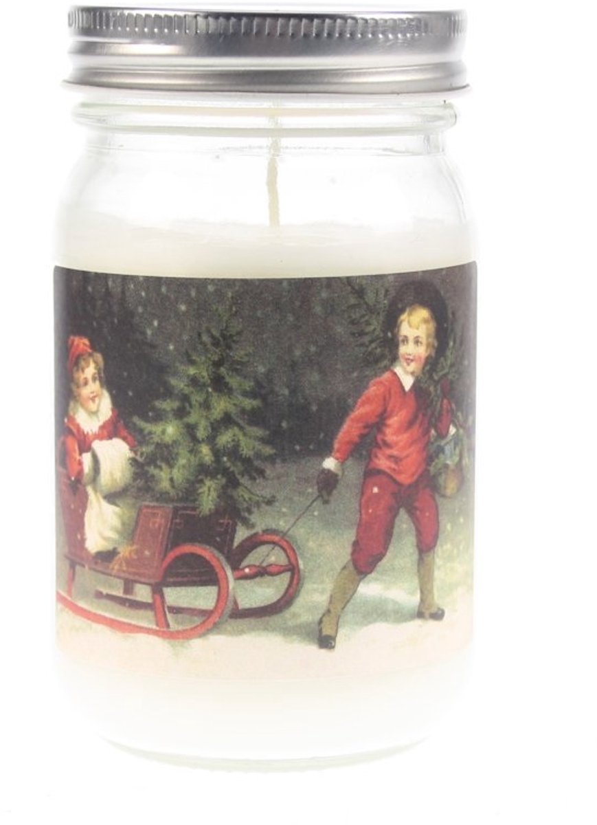 Glazenpot Kaars deks., Kinderen op slee Ø7x13,5cm roos