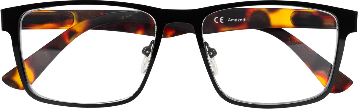 Amazotti Burano leesbril +3.00 – Computerbril met Blauwlicht Filter – Trendy Metalen Montuur met Rubber Finish – Italiaans Design – Dames & Heren – Zwart met Demi Bruin