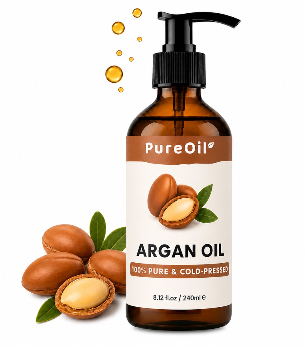 PureOil – Argan Olie – 240ml – Koudgeperst & Hexaanvrij – 100% Puur, Natuurlijk & Vegan – Arganolie Voor Haar | Huid | Gezicht | Scalp | Wimpers | Wenkbrauwen | Nagels | Massage - Haarolie - Massage Olie