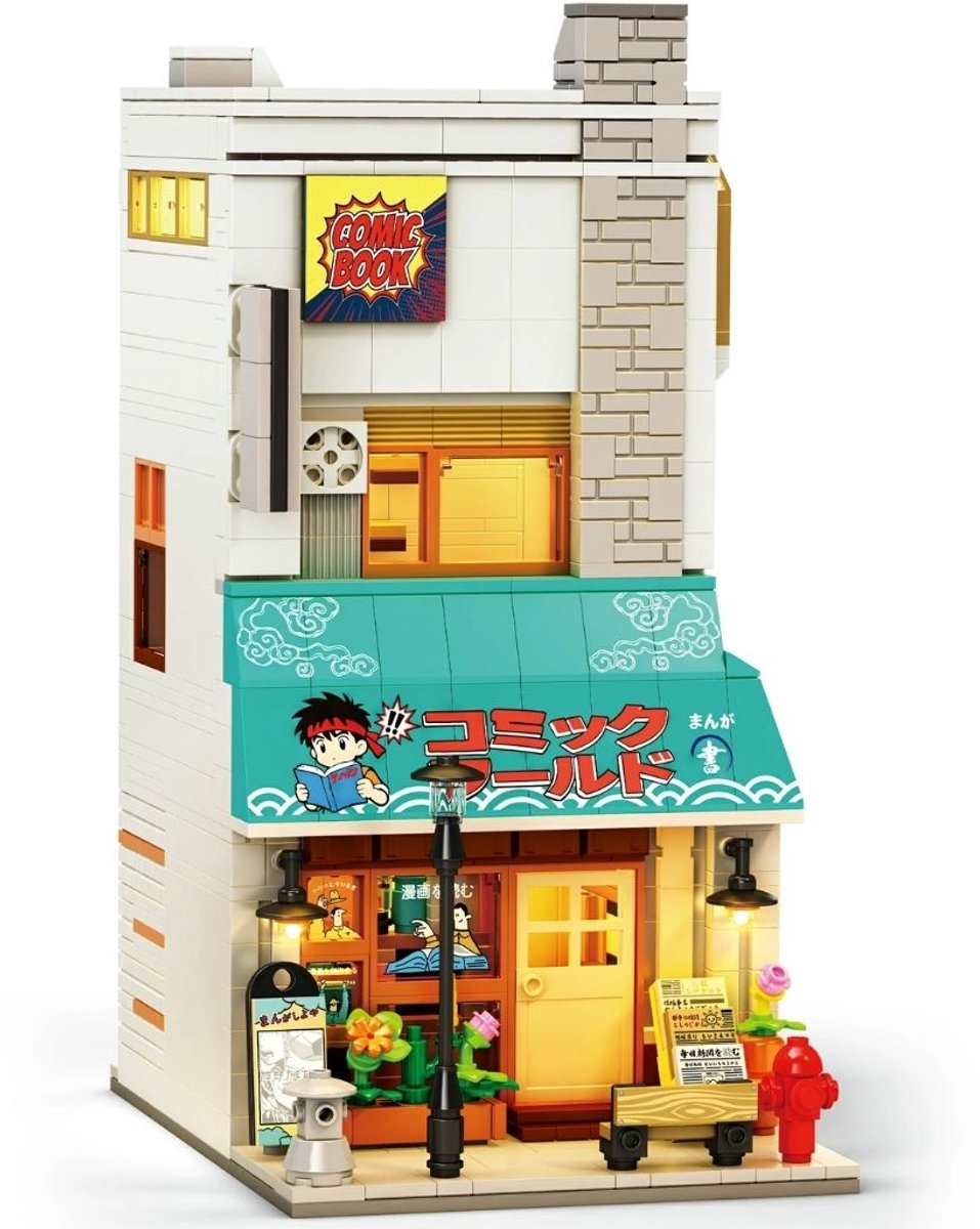 Reobrix 66505 Comic Store bouwset incl. verlichtingen | Classic Creator Modular Building | Expert Book Nook Modelbouw | Educatief STEM Speelgoed voor volwassenen & kinderen | Bouwdoos met 1157 bouwstenen