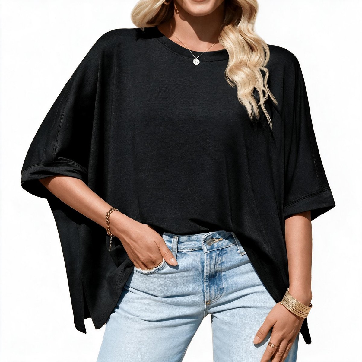 Imily Bela Dames Oversized Poncho Top met Driekwartmouwen