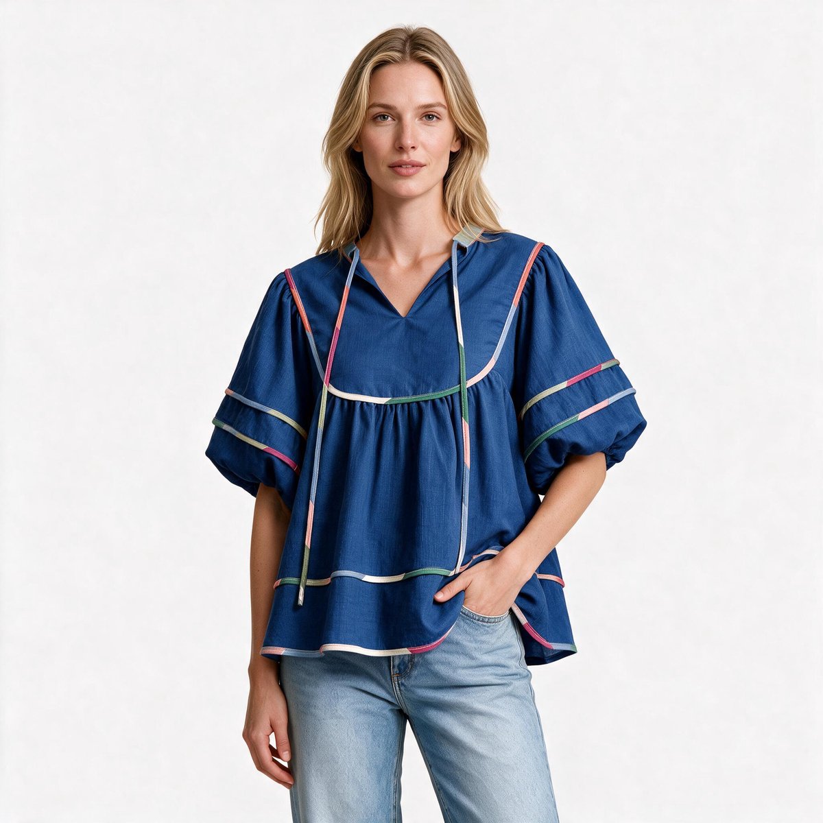 Imily Bela Dames Gestreepte Boho Blouse met Volantmouwen en Koordjes