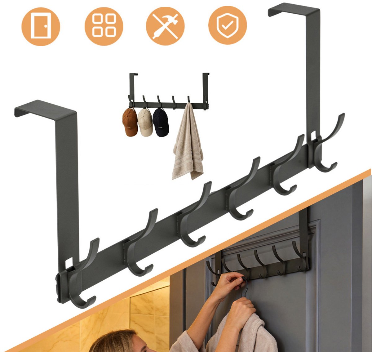Kapstok Voor over De Deur Zonder Boren Met 6 Haken - Antislipvoering 4,6 cm Breed Moderne Matte Afwerking - Voor Studentenkamer, Huis En Badkamer - Zwart
