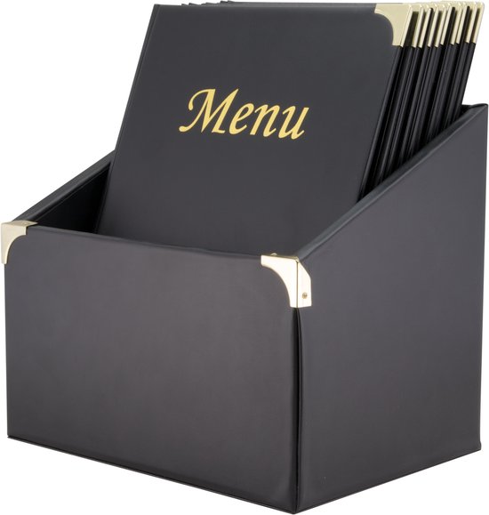 Zwarte menukaartenbox met gouden hoekjes, met 10 zwarte menumappen met 'Menu' erop in goud.