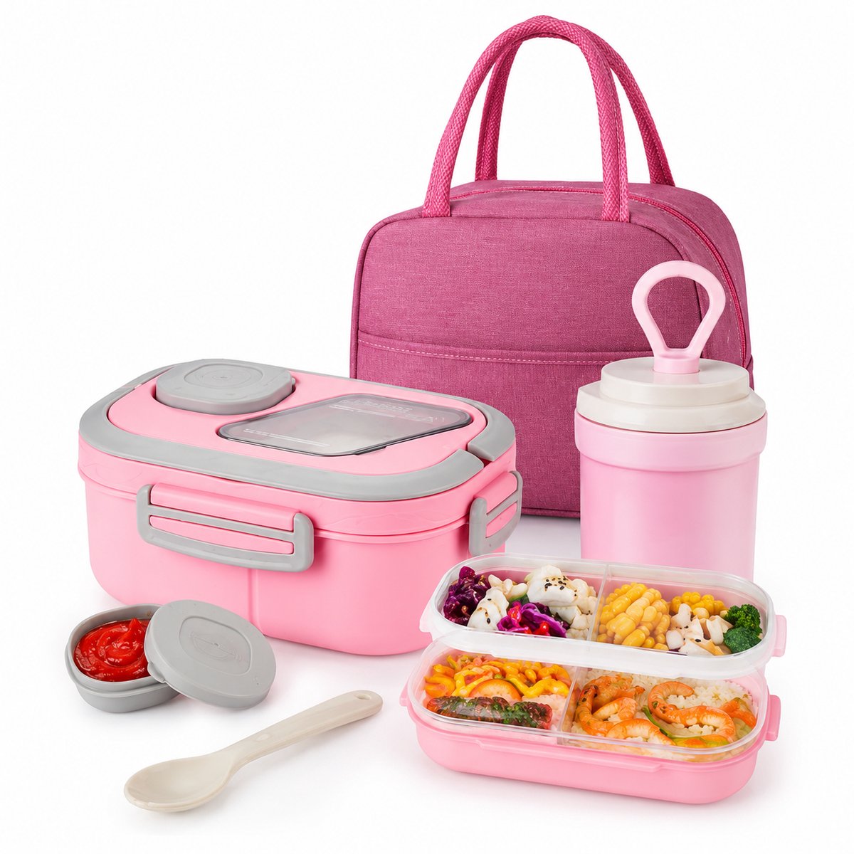 Bobypet - Lunchbox Set met Geïsoleerde Lunchtas- 1200ml - 2-Laags Stapelbare Broodtrommel met Vakjes - Lekvrij en BPA-Vrij - Inclusief Bestek, Sausbakje en Waterbeker - Geschikt voor Magnetron - Roze